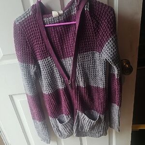 Roxy Purple and Gray Cardigan Sweater with Textured Knit